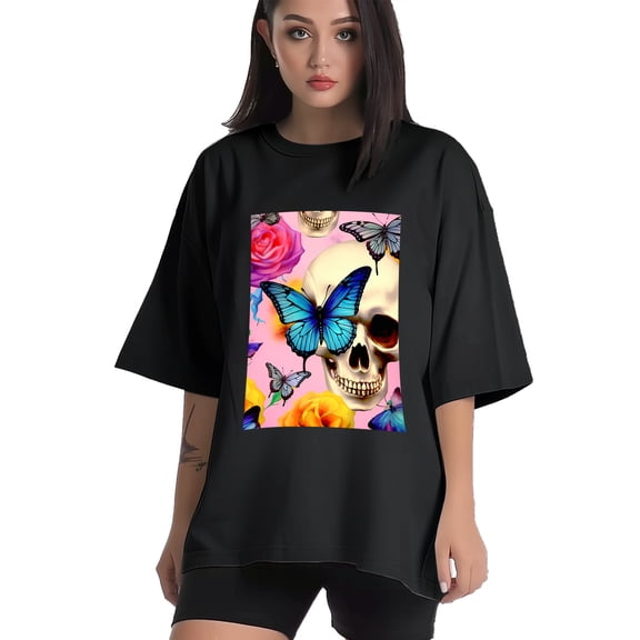 Plus Size Shirt for Women Black Tops for Women Short Sleeves Shirt for Women Butterfly And Skeleton T Shirt Crewneck Shirt for Women XS
