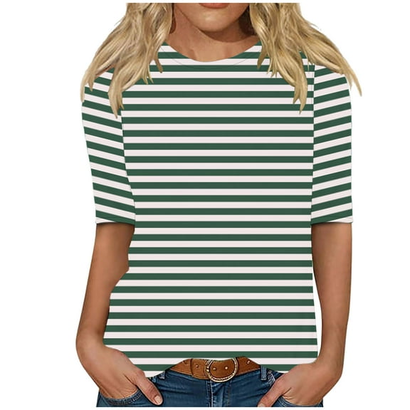 Fancifize Women Half Sleeve Striped T-Shirts Round Neck Tops Loose Fit Casual Fall winter Comfy Basic Tee