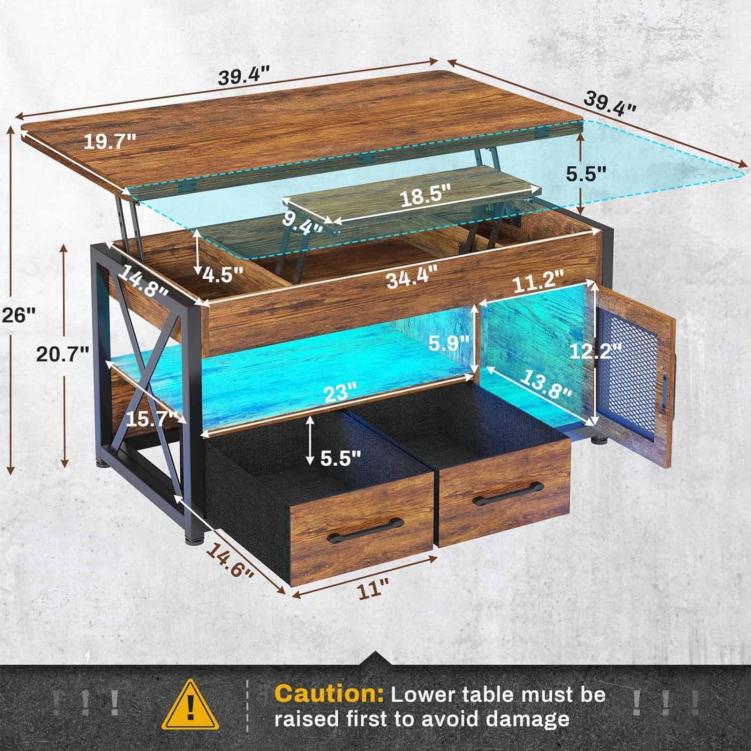 40" Lift Top Coffee Table, 4 in 1 Coffee Tables with Storage Cabinet for Living Room, Small Farmhouse Coffee Table with 2 Fabric Drawers & LED Light for Dining Room, Rustic Brown