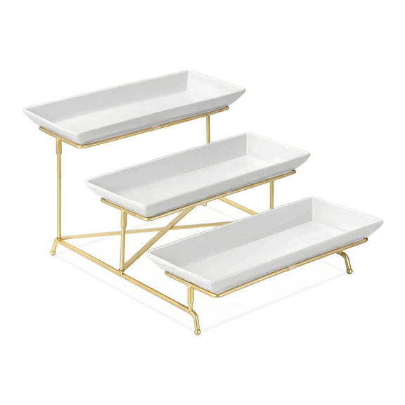 unfmouf 3 Tier Serving Tray Set 14 Inch Porcelain Tiered Serving Platters, Collapsible Sturdier Stand with Stable Cross Bars, Three Layer Serving for Party Entertaining Food Display Fruit Dessert