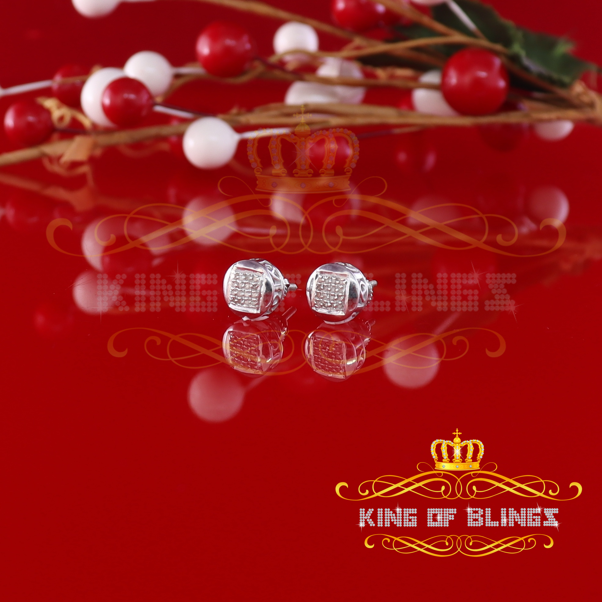 King of Bling's 0.10ct Diamond 925 Sterling Silver White For Women's & Men's Round Stud Earring