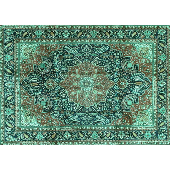 Ahgly Company Machine Washable Indoor Rectangle Medallion Turquoise Blue Traditional Area Rugs, 2' x 5'