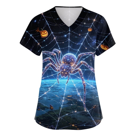 Wutalume Halloween Costume Scrubs for Women - Side-Slit V-Neck Print, Pockets, Short Sleeve Nurse Uniform, Breathable Clinic Wear,Blue L