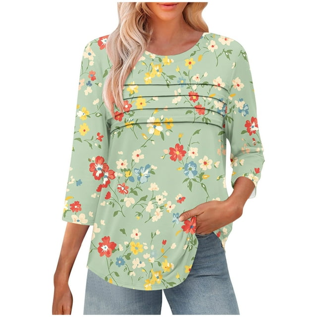 hopeusnice Coupe Ample Col Rond Manches 3/4 Blouses pour Femmes Chic Décontracté Hauts de Printemps Chemises Tendance d'Automne à Imprimé Floral Tuniques Légères T-Shirts Basiques Vert TTG