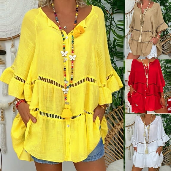 Hrsba Womens Plus Size Blouses Button Up Hollow Out V Neck Short Sleeve Shirt Loose Summer Casual Ladies Top Daily Outfit