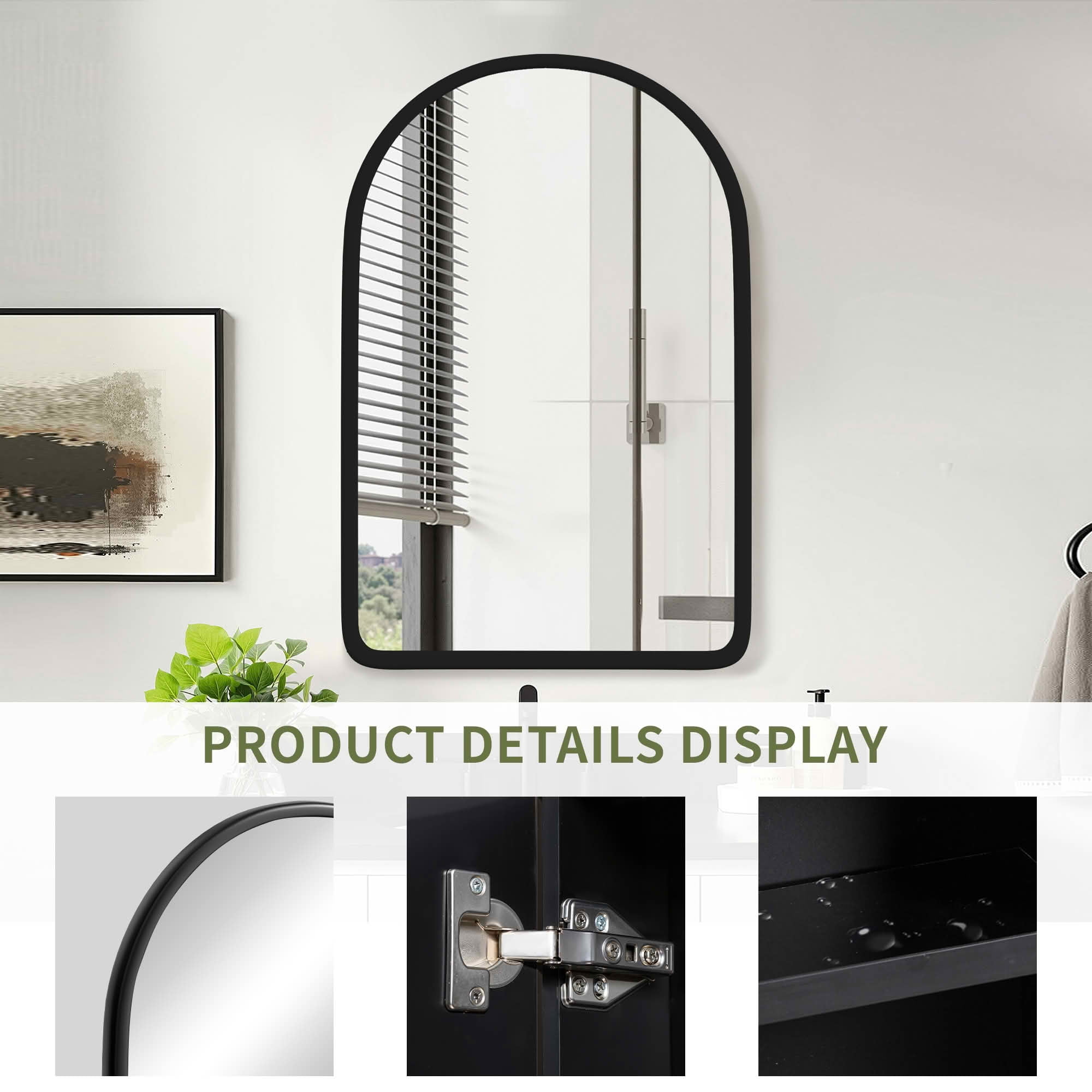 MAYEERTY 36x24x5 Inch Black Wood Round Corner Arched Medicine Cabinet for Bathroom