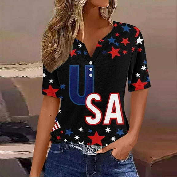 Cavosen Red White and Blue Clothes for Women Petite Red White and Blue Short Sleeve V-Neck T Shirts USA Star Striped Graphic Tops Lady XL Patriotic Casual T Shirts Independence Day Tunic Tees