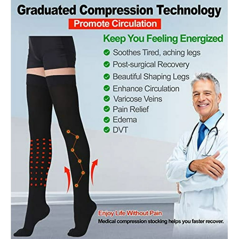 Thigh High Compression Stockings, Closed Toe, Pair, Firm Support 20-30mmHg  Gradient Compression Socks with Silicone Band, Unisex, Opaque, Best for  Spider & Varicose Veins, Edema, Swelling, Black L Large (1 Pair) Black