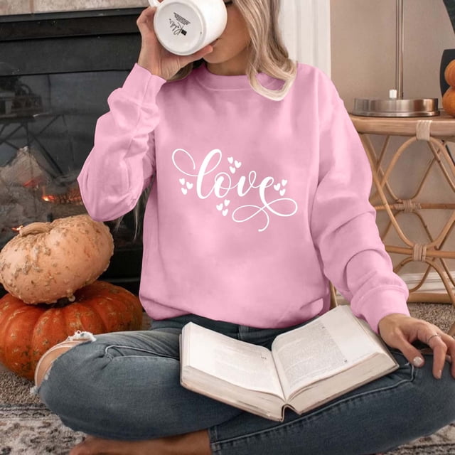 Qertyioot T-Shirt Graphique pour Femmes de la Saint-Valentin à Manches Longues, Chandail d Haut Imprimé à Col Rond à la Mode