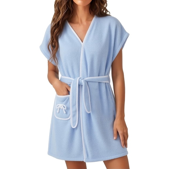 WCJM Shower Robe for Women Womens Soft Short Sleeve Bathrobe Belted with Pockets Loungewear Housecoat Home