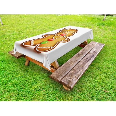 

Gingerbread Man Outdoor Tablecloth Whimsical Cartoon Santa Gingerbread Man with Bonbon Candies Decorative Washable Fabric Picnic Tablecloth 58 X 104 Inches Pale Brown Red Green by Ambesonne