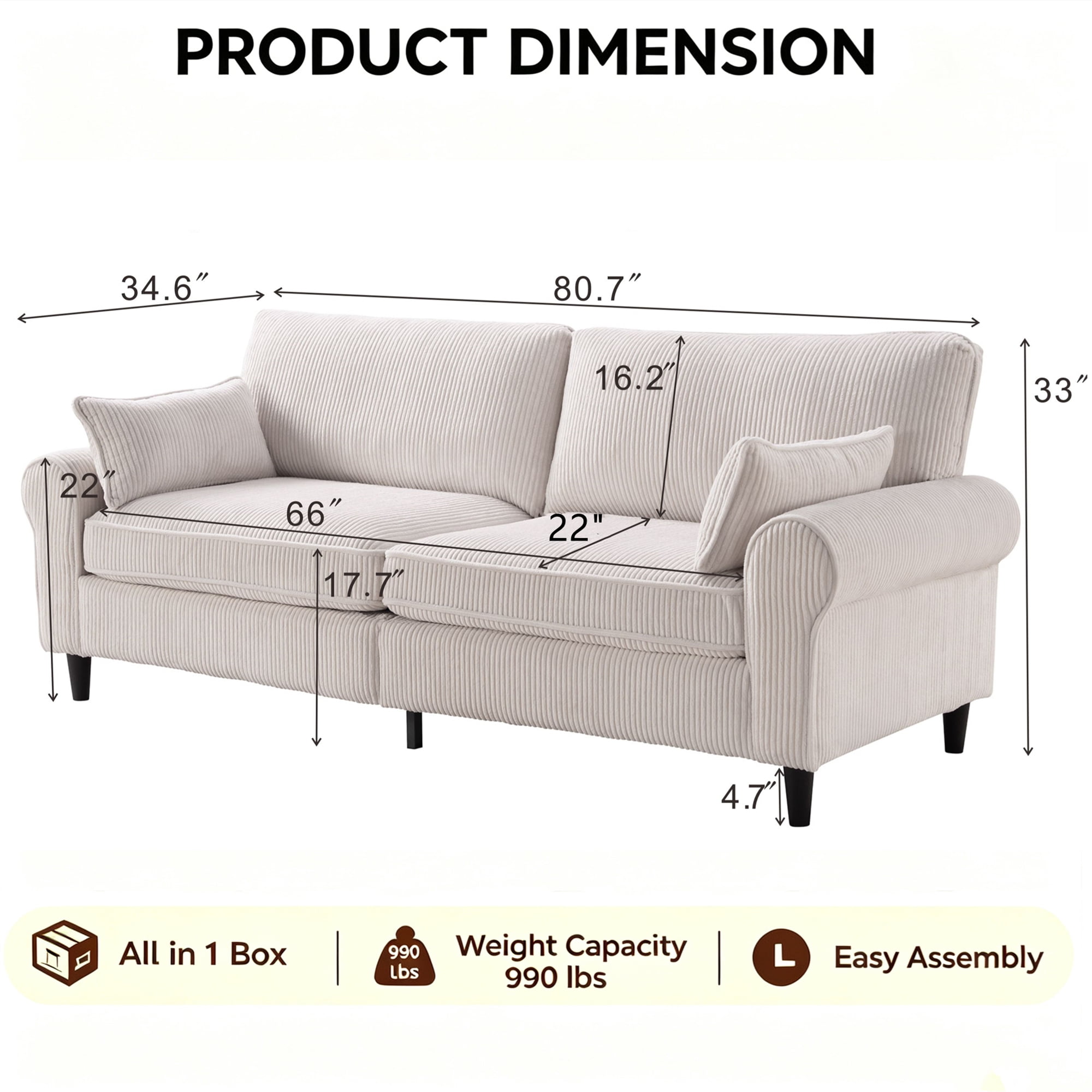 Aukfa 81" Roll Arm Sofa 3 Seat Deep Seat Upholstered Couch for Living Room Bedroom, 2 Pillows, Corduroy, White
