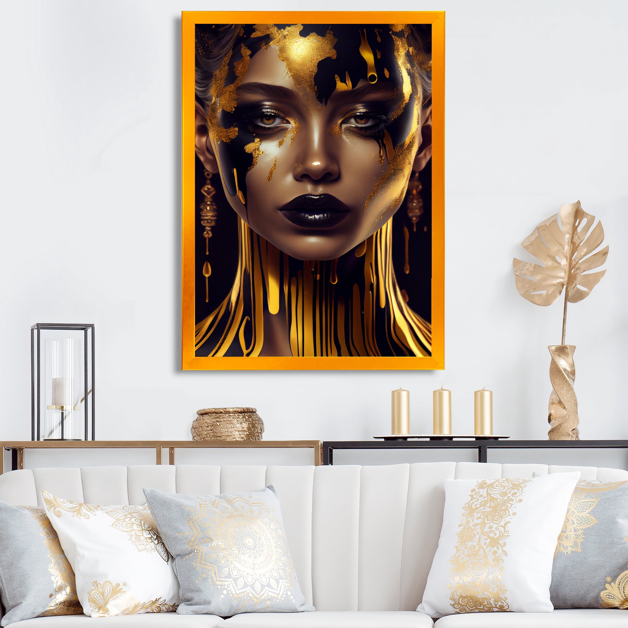 Designart Sensual Liquid Gold Woman V Framed Wall Art