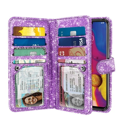 Molded Light Pouch - NEXTKIN Multi Card Slots Double Flap Bling Glitter Wallet Pouch Case for LG V40 ThinQ 6.4