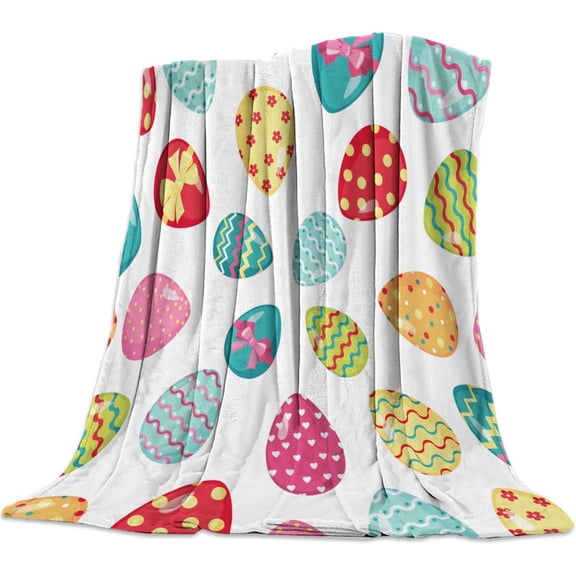 Plush Fleece Throw Blanket | Fuzzy, Soft, Warm, Cozy, Reversible Blanket for Bed Couch Sofa Chair Travel- 50" x 60", Happy Easter Colorful Eggs