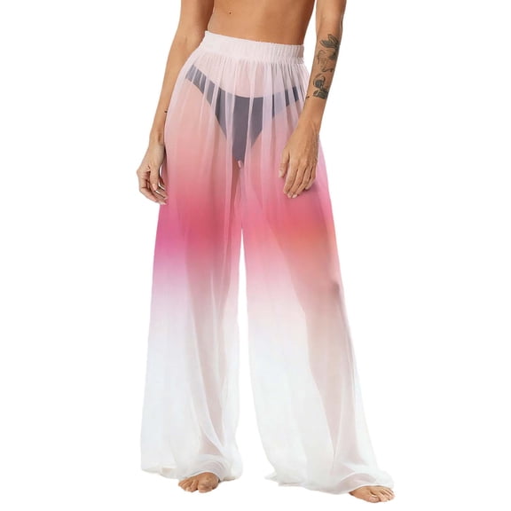 Betivan Women's Beach Pants Bohemian Chiffon Graphic Lightweight Sun Protection Wide Leg Trousers Sheer Breathable Summer Casual Daily Beach Vacation Pool