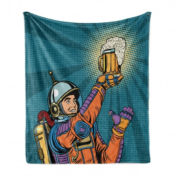 Astronaut Soft Flannel Fleece Blanket, Colorful Astronaut Holding Beer Thirsty for Beer Long Voyage Retro Style Drawing, Cozy Plush for Indoor and Outdoor Use, 50" x 60", Multicolor, by Ambesonne