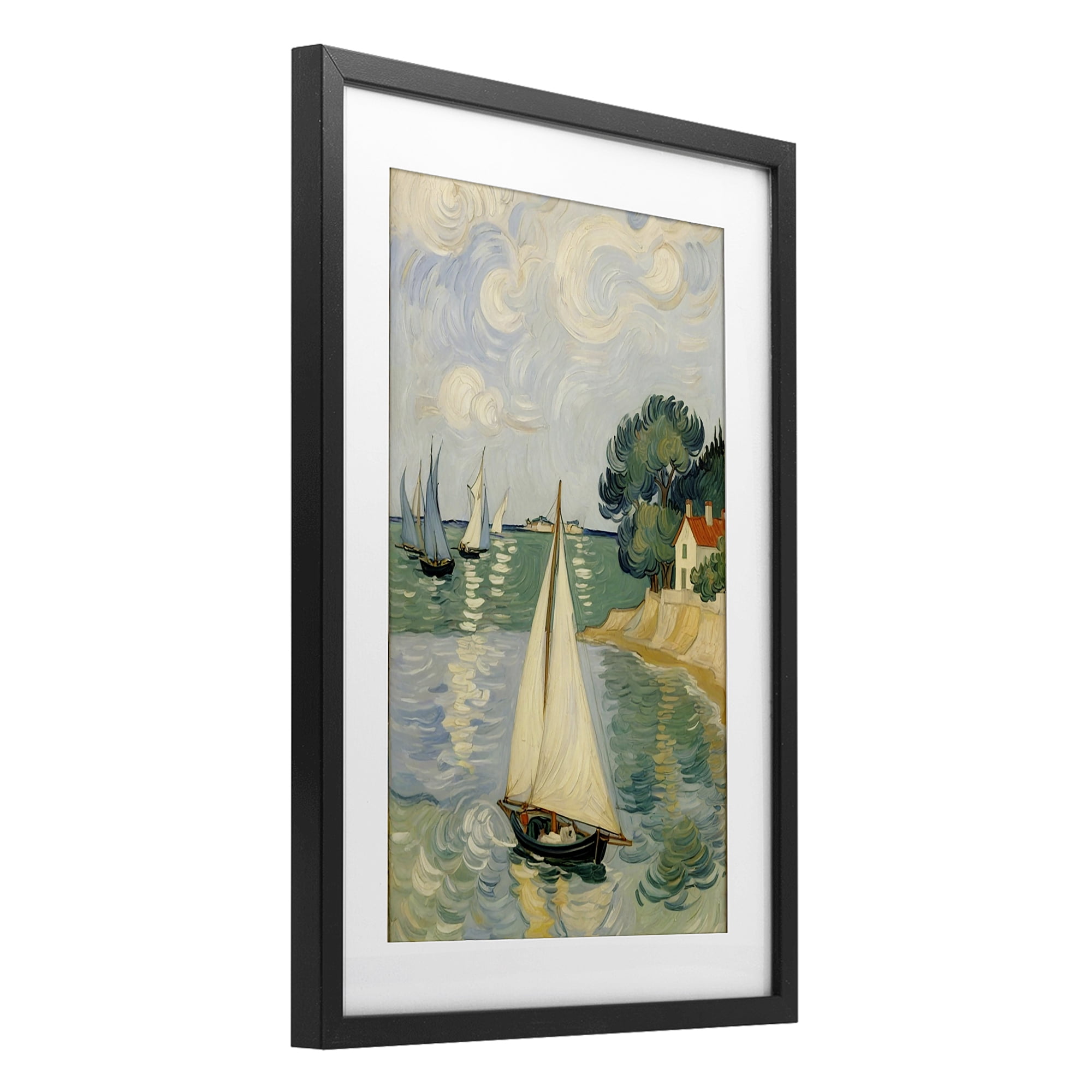 Stupell Industries Coastal Sailboats Under Swirling Clouds Black Framed Print Under Glass, design by Angie Hawke