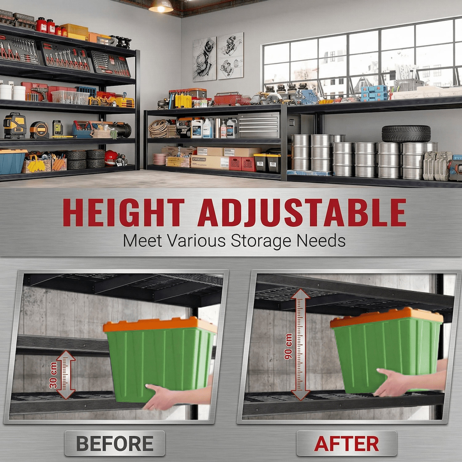 Heavy Duty Garage Shelving Unit, Metal Storage Shelves 3050 lbs, 5 Tier Adjustable Shelving Rack, Industrial Garage Storage Shelves for Basement, Warehouse, Pantry, 62” W x 24” D x 72” H