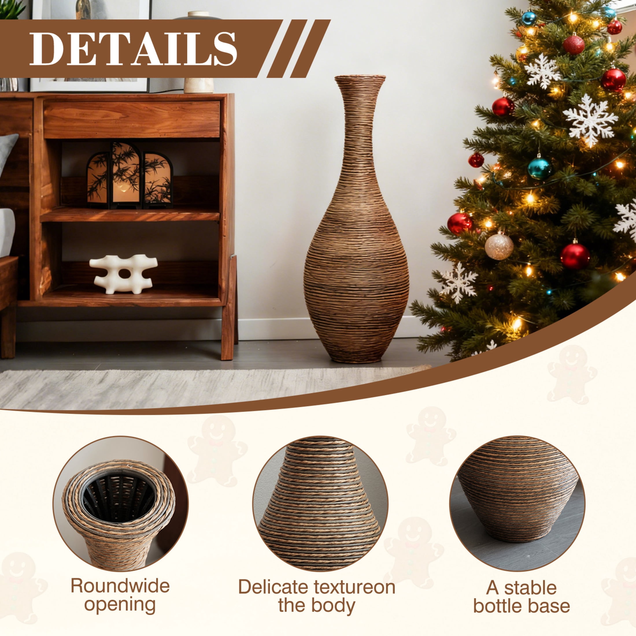 Noble House 39.37" Tall PVC Rattan-Look Floor Vase, Hand-Woven Decorative Vase for Home Decor, Beige+Gray
