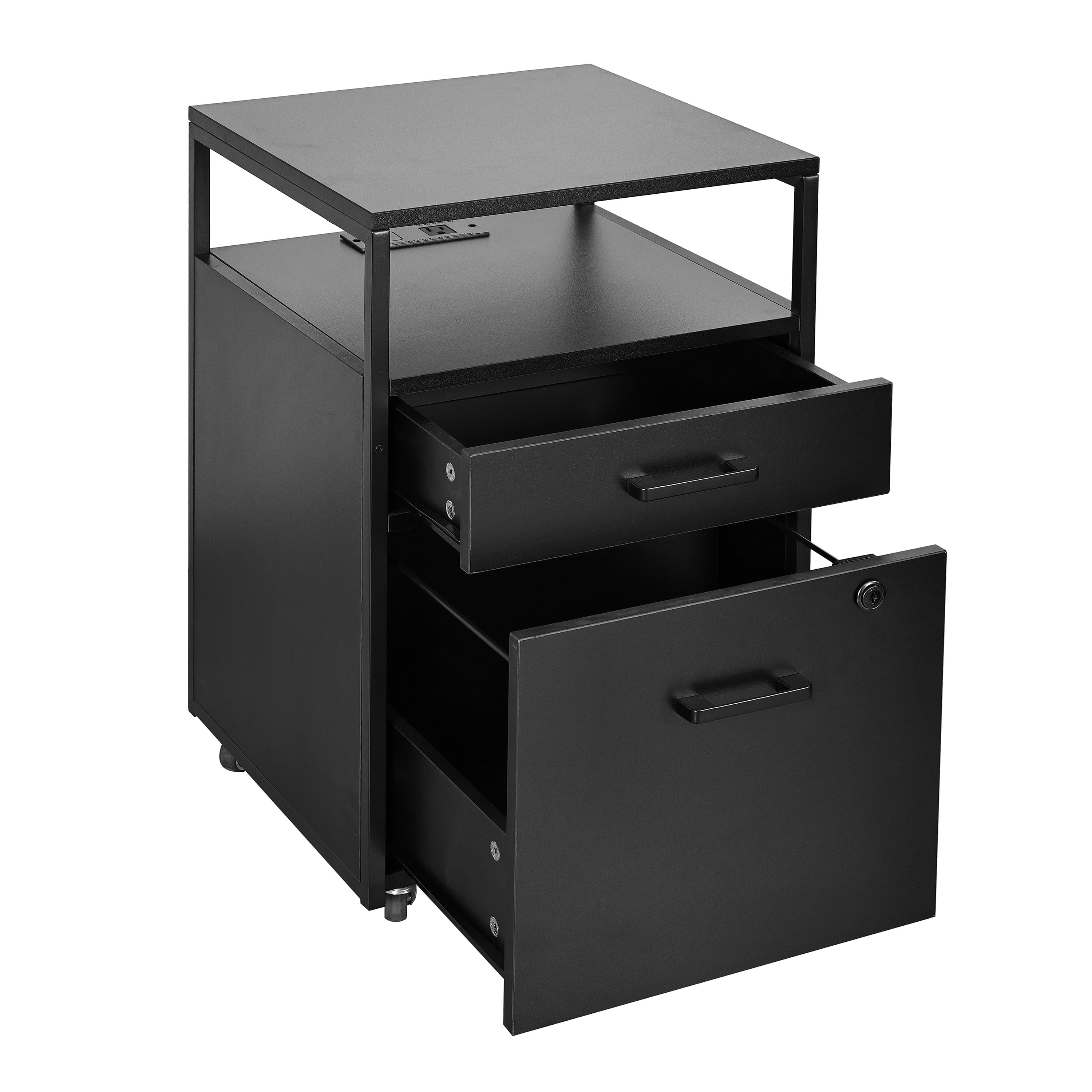 Modern 2-Drawer Rolling File Cabinet with Lock, 2 USB Ports and Power Outlet for Device Charging, Portable File Organizer or Printer Stand for Office or Home with Locking Wheels, Black