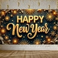 thumbnail image 3 of Golden Lettering Happy New Year Banner Firework Design New Year Display Star Pattern Dark Blue Background Festive Backdrop for New Year Party Holiday Celebration Indoor Decoration, 3 of 9