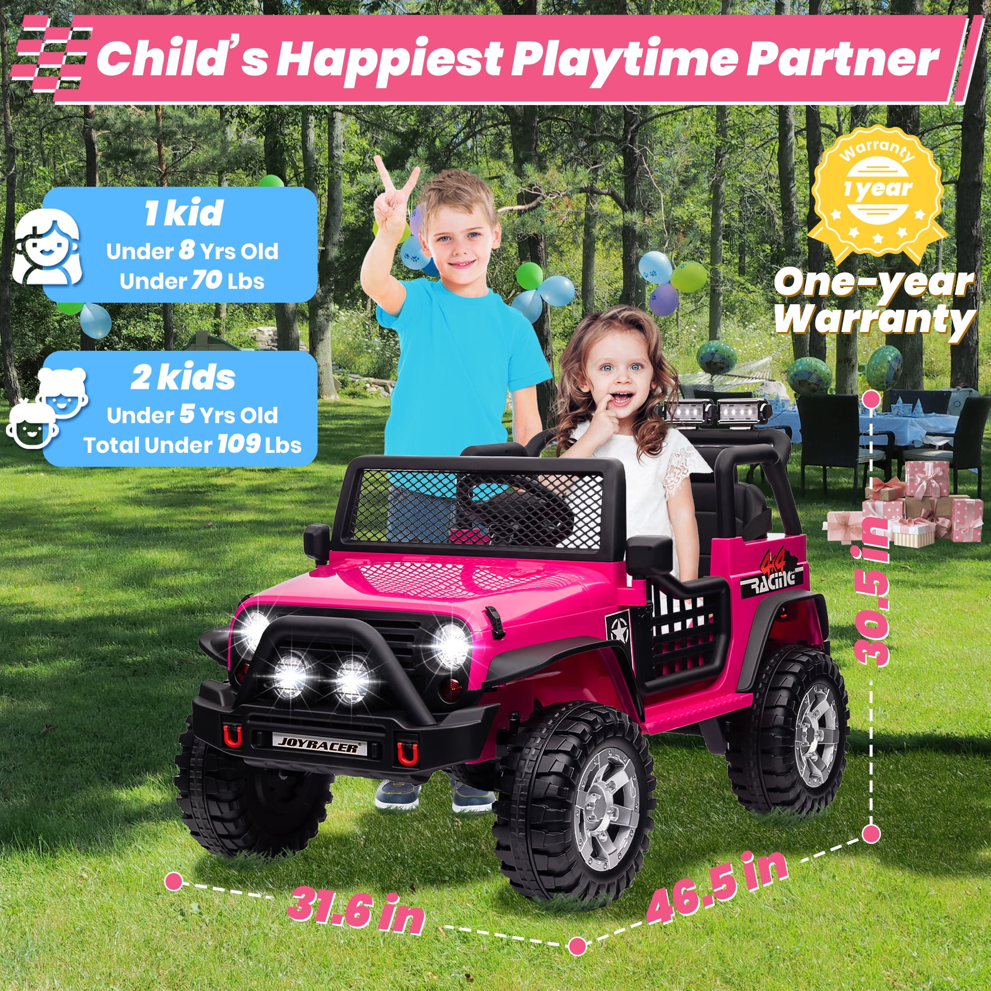 Joyracer 24V 2 Seater Kids Ride on Truck with Remote Control, 4×200W Motor, Electric Battery Powered Toys Car w/ 4 Wheels Spring Suspension, 3 Speeds, LED Lights, Bluetooth Music, Rose Pink
