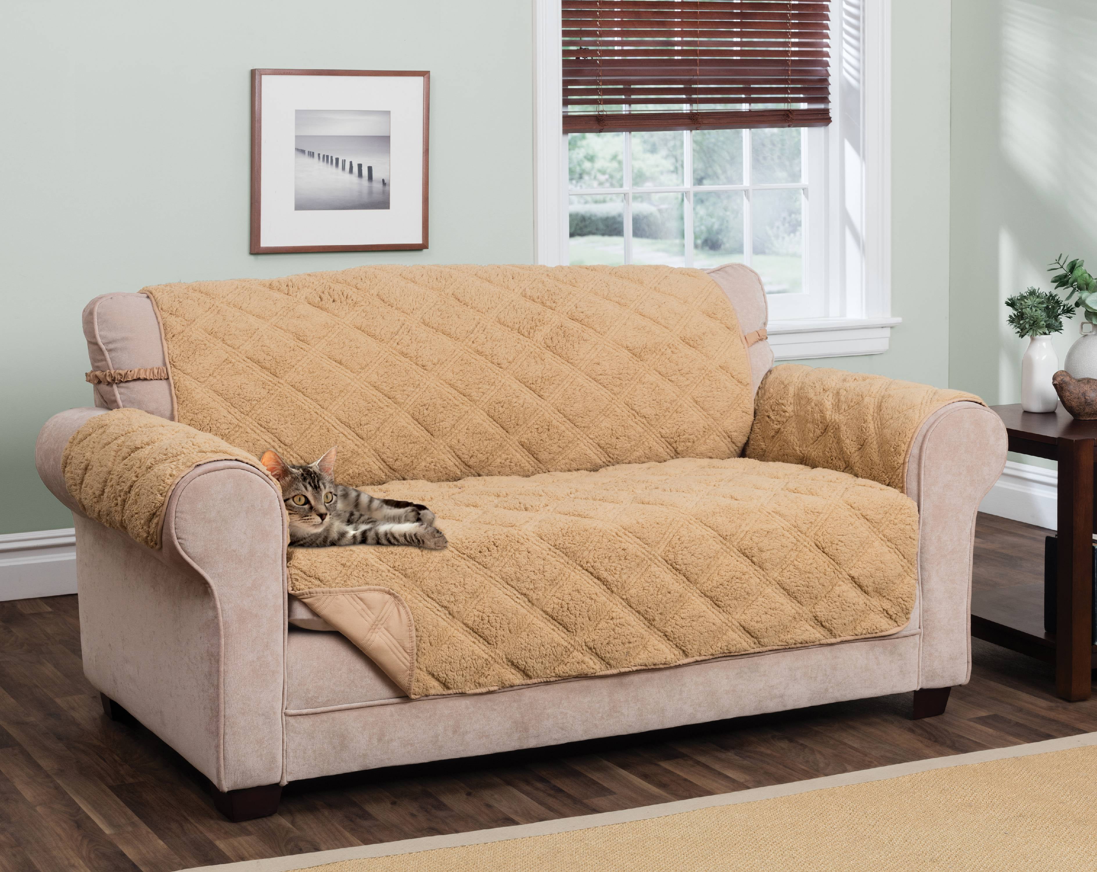 Innovative Textile Solutions 1-Piece Hudson Sherpa Waterproof Sofa Furniture Cover, Toast
