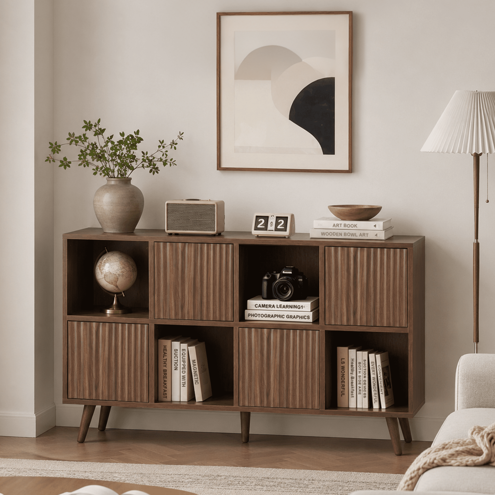 Leumius 8 Cube Bookcase Storage Cabinet with 4 Doors, Freestanding Cube Shelf Organizer for Living Room Bedroom Office Walnut