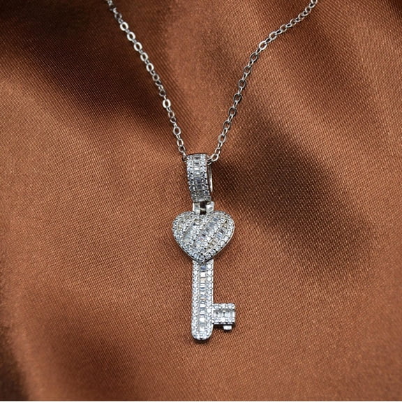 Silver & Stone Jewels Stunning Sterling Silver Heart Key Pendant Necklace with Cubic Zirconia Accents – Elegant Women’s Fashion Jewelry Gift for Special Occasions