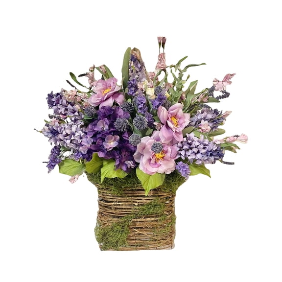 Wildflowers Door Hanging Basket, Farmhouse Wreath with Wildflowers, Spring Front Door Wreath for Porch Decor, Artificial Spring Flowers Hanging Ornament