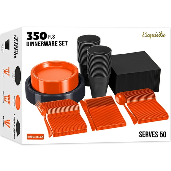 Exquisite Halloween Themed Orange & Black Disposable Party Plates and Cutlery Set - 350 Pieces, 50 Settings