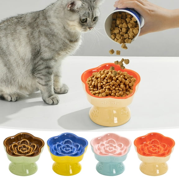 mfyjkho Elevated Ceramic Slow Feeder Bowl for Cats and Small Dogs, Flower Design Reduces Gulping and Overeating, Easy Clean, 5.8 X 5.8 X 4.1 Inches, 1 Count