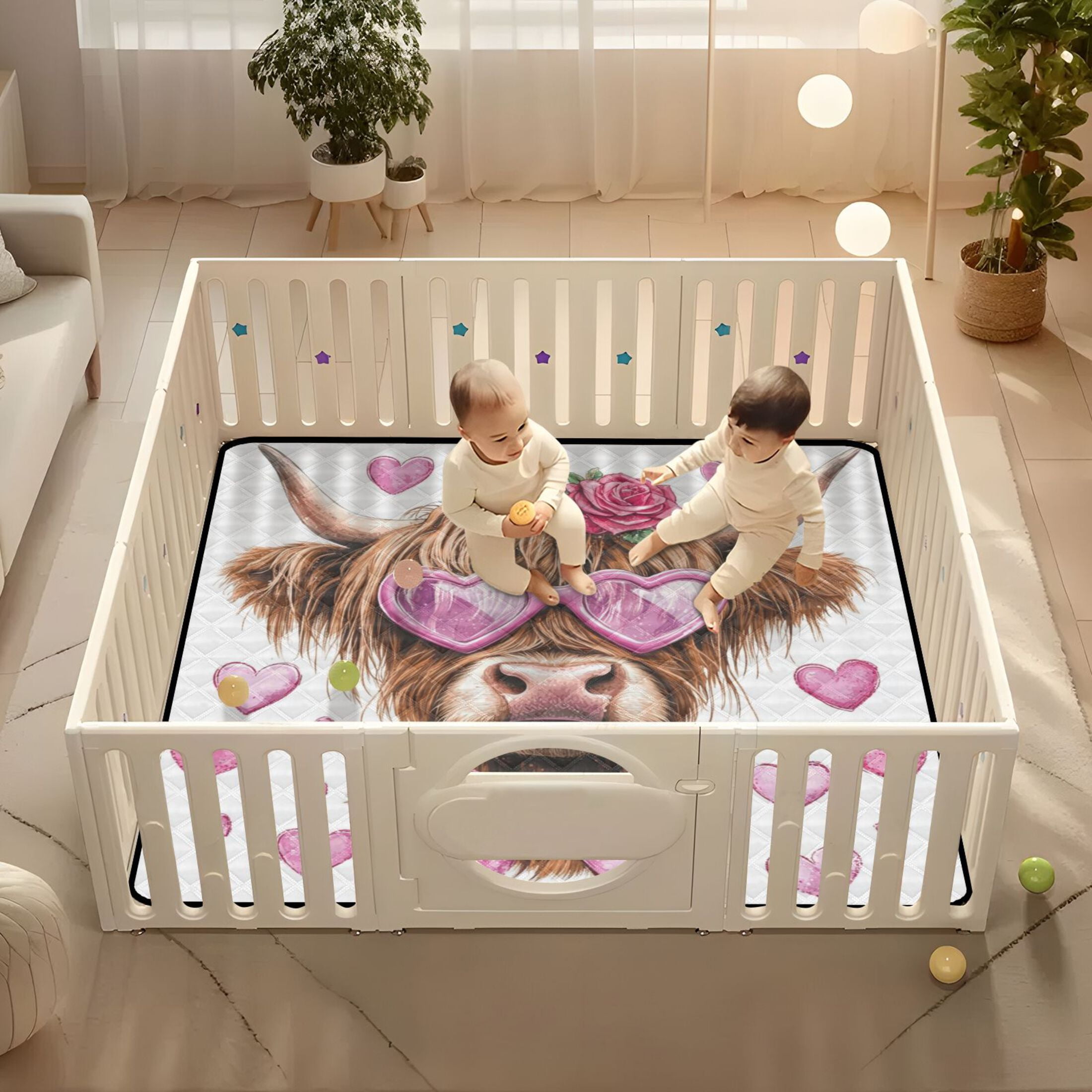 WOBOGO Cow with Love Pattern Baby Playmats Extra Large Waterproof Rollable Activity Pads for Toddlers 50×50inch