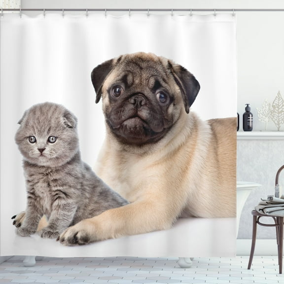 Ambesonne Pug Shower Curtain, Young Puppy and Kitten, 69"Wx75"L, Pale Brown Beige