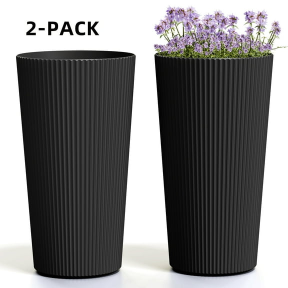 Chiccushion 23.6 inch Tall Planter Set of 2, Large Plastic Round Planter for Outdoor Indoor Garden Patio Front Door, Black