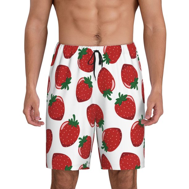 Balery Hand Drawn Strawberry Pantalones cortos de pijama de punto de algodón para hombre con cinturilla y bolsillos-Large