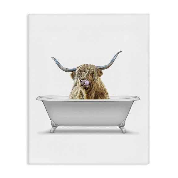 Stupell Industries Traditional Longhorn in Bath Bath & Laundry Painting Wrapped Canvas Art Print Wall Art, 16 x 20