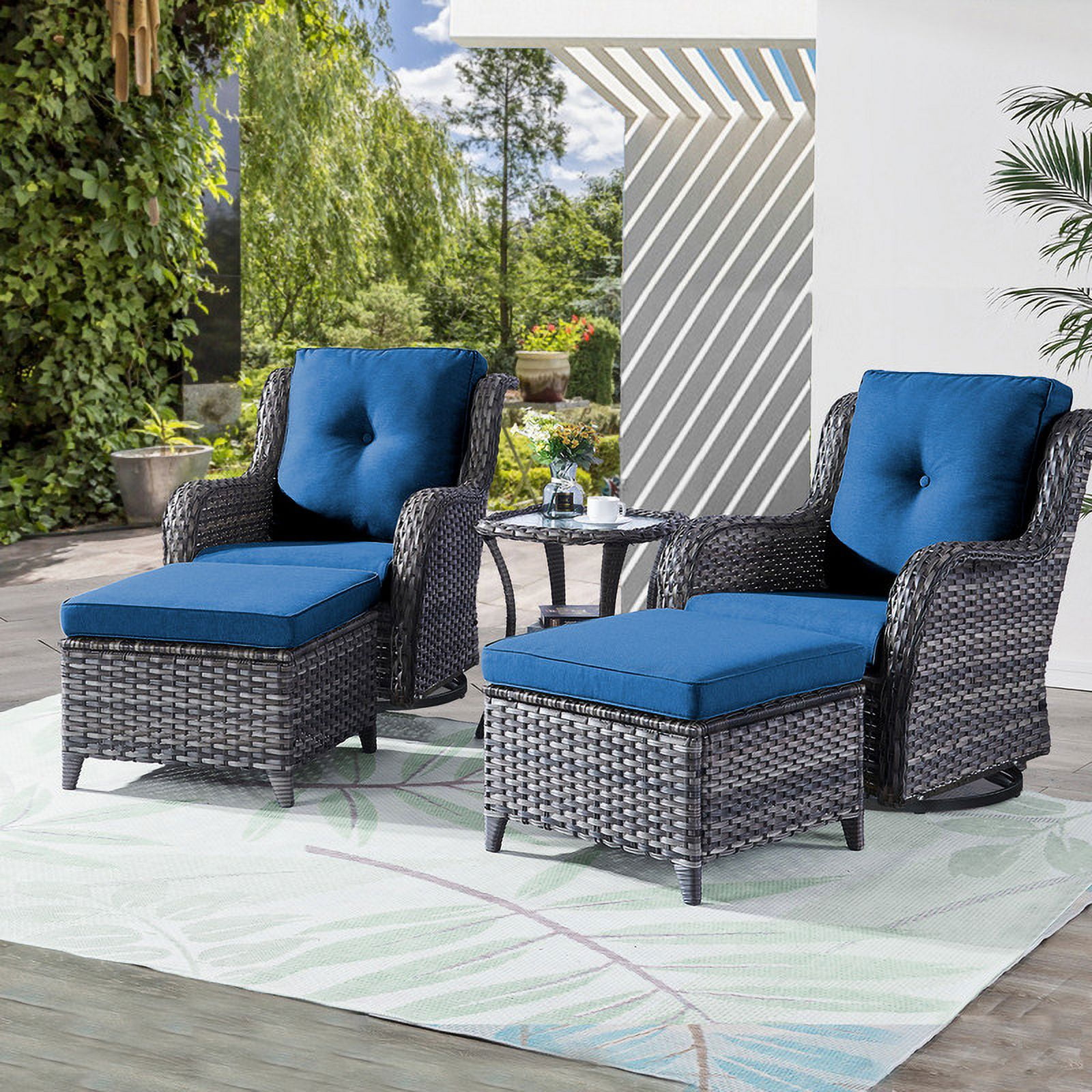 PARKWELL 5-Piece Outdoor Conversation Sets,Wicker Swivel Gliders with Ottomans,Side Table,Patio Seating Furniture with Blue Cushions,Gray Wicker