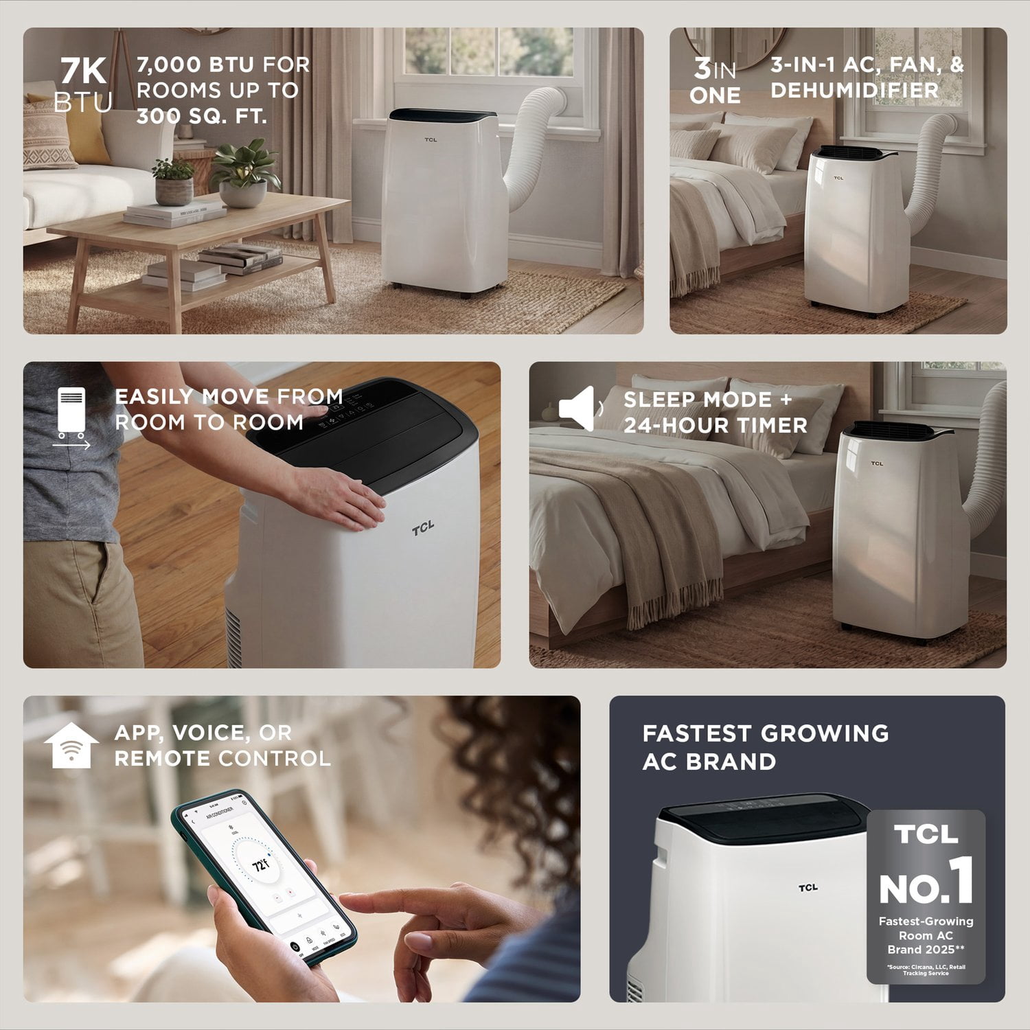TCL 7,000 BTU SACC (11,000 BTU ASHRAE) Smart Portable Air Conditioner, H7P38W