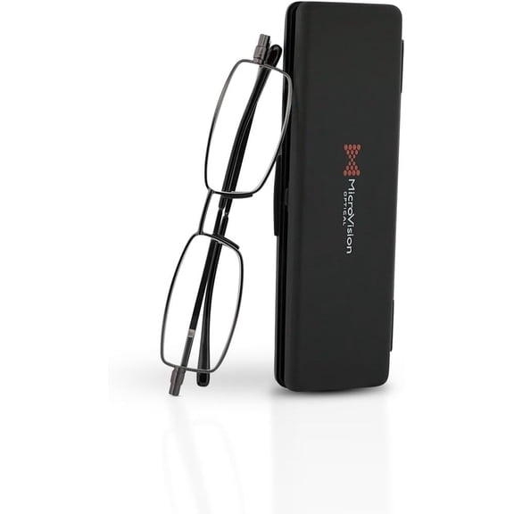 Microvision Flat Folding Reading Glasses, Gunmetal Frame, 2.0x Magnification For Women and Men, Compact, Portable, Durable