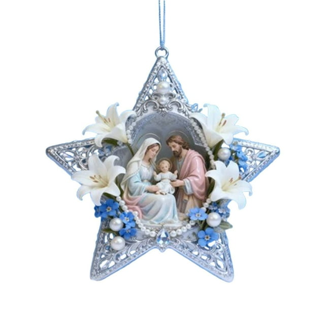 Adorno Navideño Religioso | Marco de La Sagrada Familia con Lirios | Decoración para El Nacimiento Sagrado | Detalles de Cristal Perlado | Decoración Festiva y Espiritual | Regalo de Recuerdo para Fa
