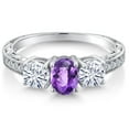 thumbnail image 3 of Gem Stone King 925 Sterling Silver 3-Stone Ring Checkerboard Amethyst Moissanite (1.87 Cttw), 3 of 6