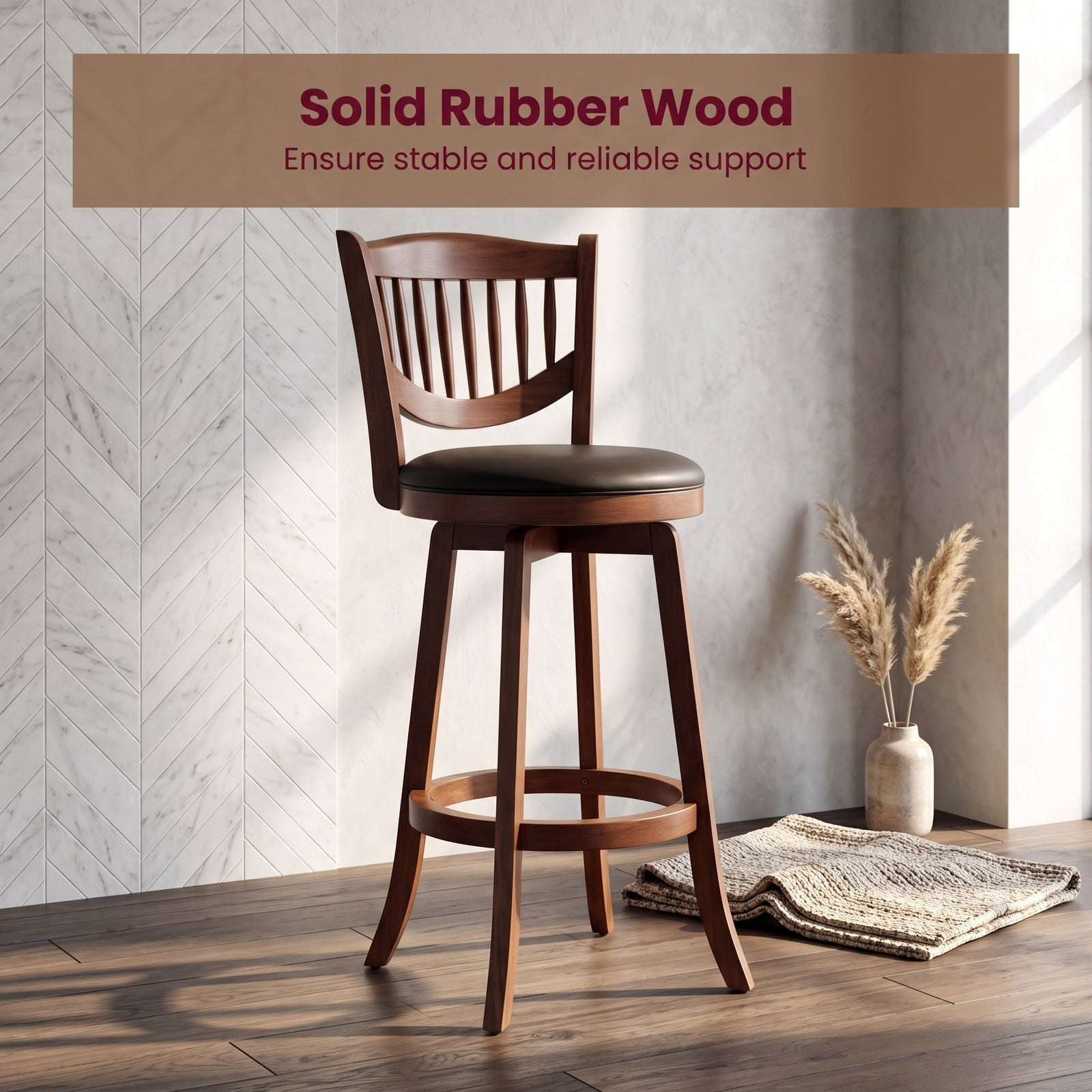 Furnibear Swivel Bar Stools Set of 2, 30 Inch 360 Degree Rotating Barstools with Curved Backrest, Footrest and Solid Rubber Wood Frame, PVC Leather, Espresso and Black