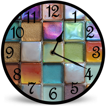 Lucidhisun Colorful Retro Blocks Wall Clocks Silent Non-Ticking Battery Operated Clock 10inch, Wood Round Wall Clock for Bathroom Decorative for Living Room,Kitchen,Office