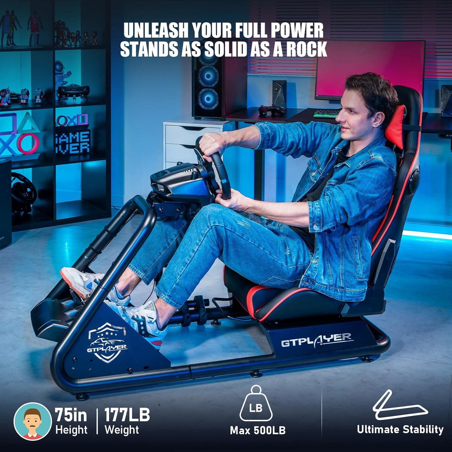GTPLAYER Racing Simulator Cockpit Alloy Steel Adult Gaming Chair with Bluetooth Speakers, Red/Black