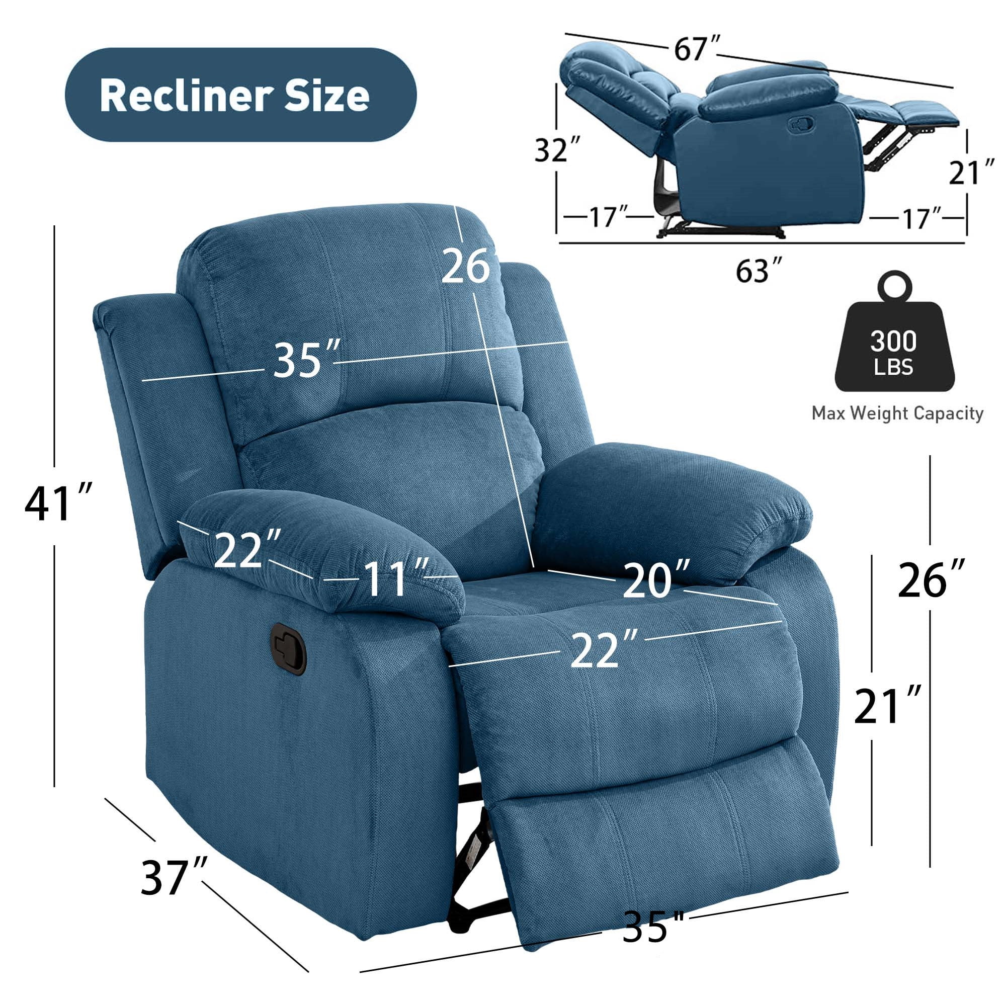 Aukfa Fabric Recliner Chair Overstuffed Adjustable Armchair for Living Room Bedroom, Blue