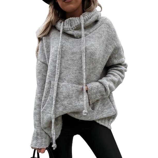 Sudadera con capucha para mujer, sudadera con capucha de manga larga, jersey de punto, jersey de cuello alto de gran tamaño para mujer, jersey de punto elegante para otoño e invierno (XL)