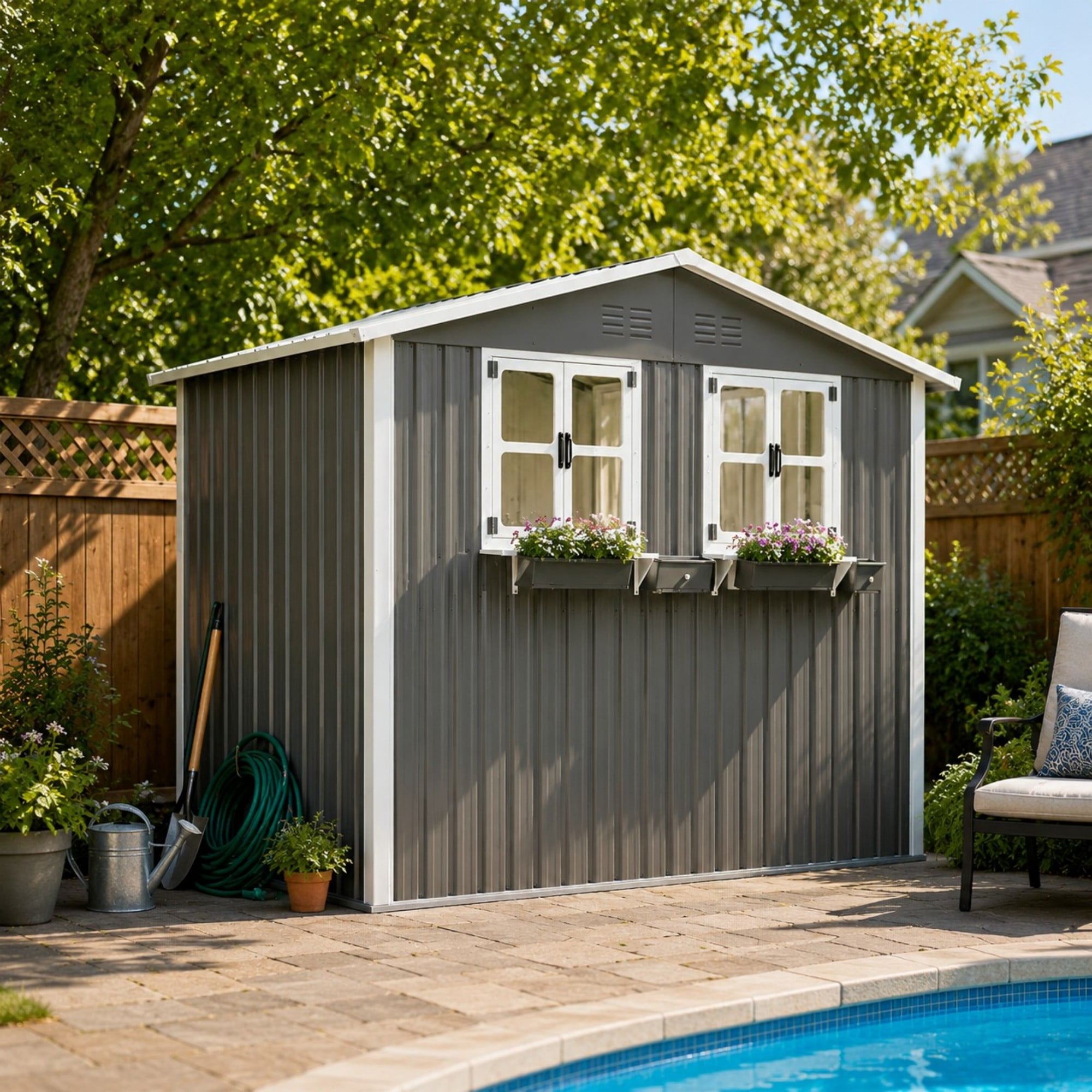Aukfa 6x9 FT Metal Outdoor Storage Shed with Flower Rack&Lockable Doors, Waterproof Garden Tool Shed for Backyard Patio Lawn, Coal Gray