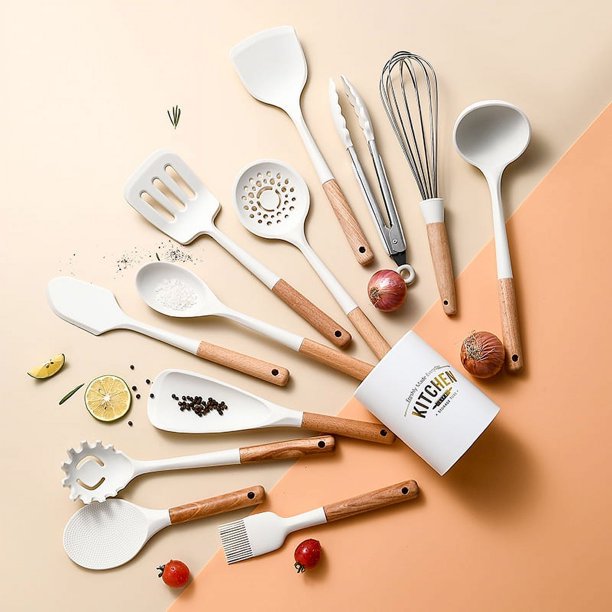 Juego de utensilios de cocina de silicona: utensilios de cocina de madera de silicona blanca, utensilios de cocina antiadherentes resistentes al calor con espátula/espátula/batidor/cuchara/rejilla brillar Electrónica